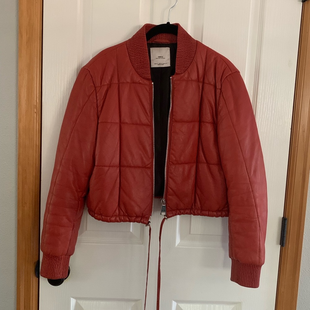 Red cayenne real leather cropped puffer jacket fits size small / medium